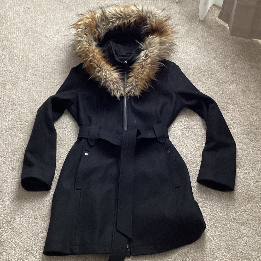 RACHEL Rachel Roy Black Coat with Faux Fur Trim Hood